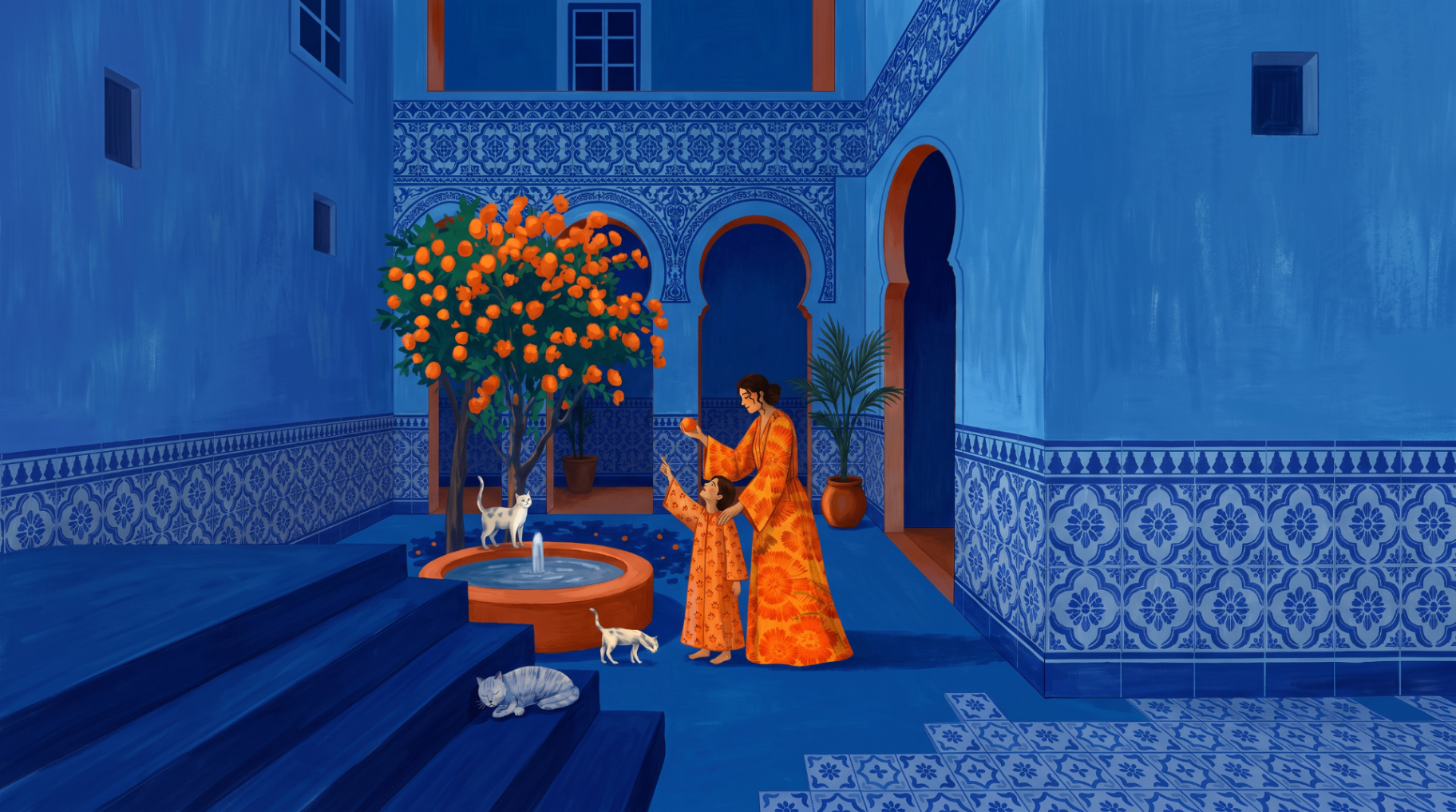 Illustration of a blue Lisbon courtyard with an orange tree, a parent and a child