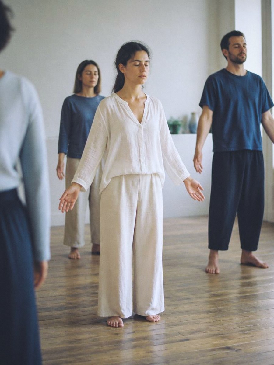 Adults barefoot on a wooden floor in a slow breathing practice