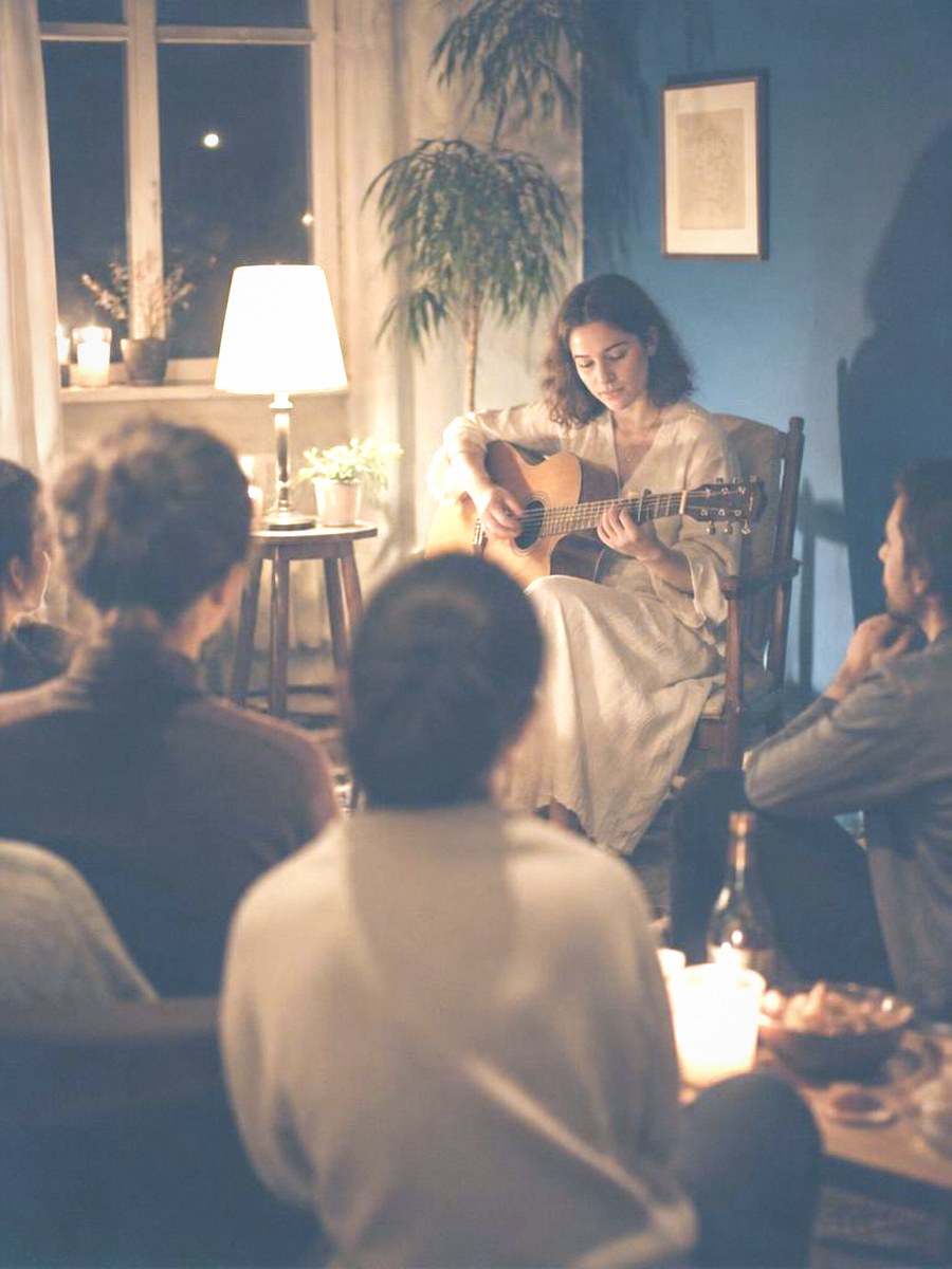 A woman playing acoustic guitar for a small group in a candlelit room