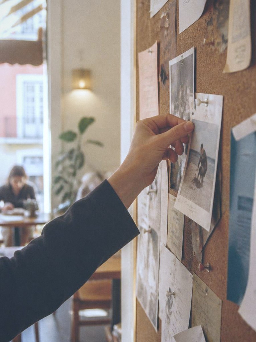 A hand pinning a small printed flyer to a noticeboard in a warm cafe