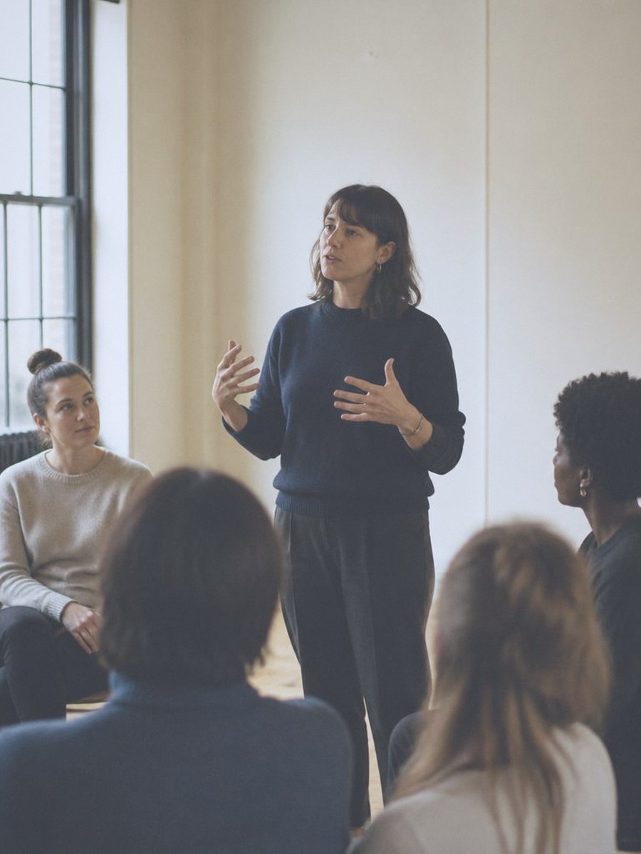 A person speaking to a small seated group in a bright room