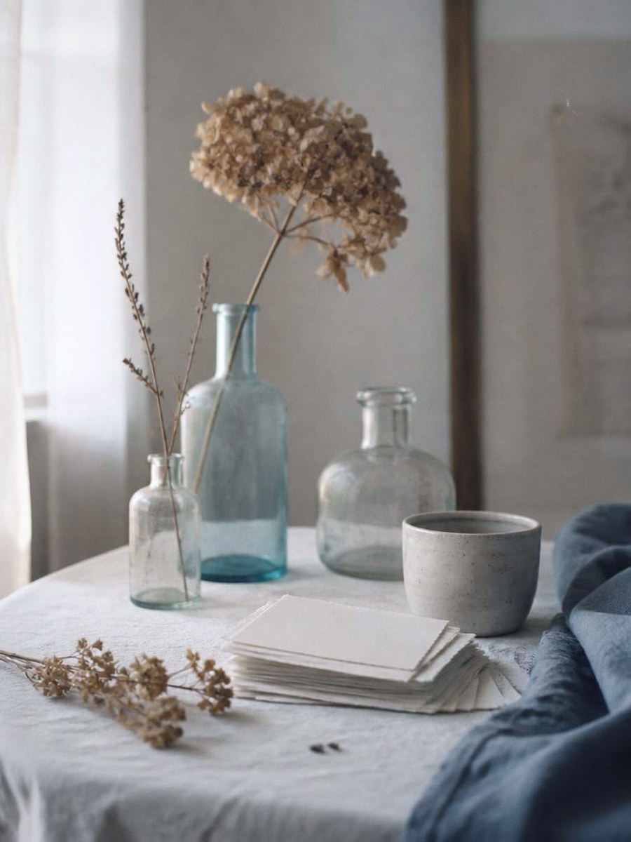A quiet still life of glass bottles, dried flowers and paper cards on cream linen